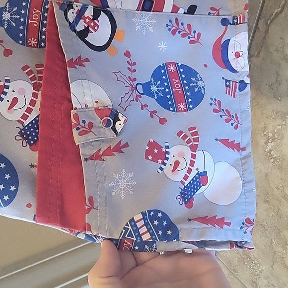 Patriotic Santa Snowman Penguins and Ornaments Christmas scrub top - Picture 4 of 5